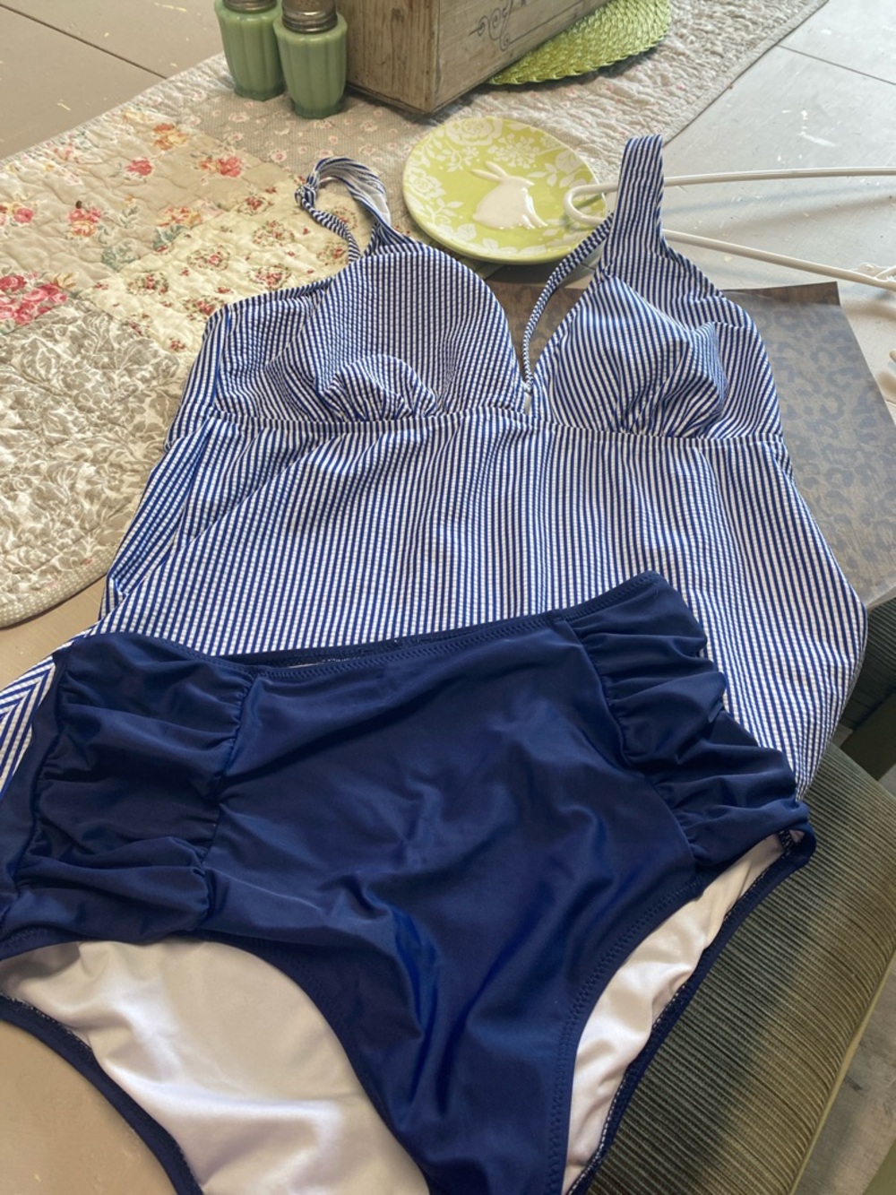 Talbots Blue Striped One-Piece Swimsuit with Navy Bottoms